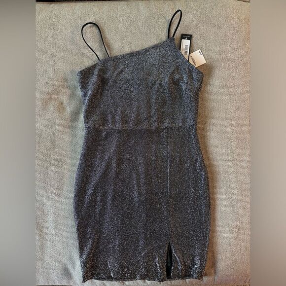 NWT Lulus Take Me Anywhere Silver Sparkly Asymmetrical Bodycon Mini Dress - Picture 2 of 7
